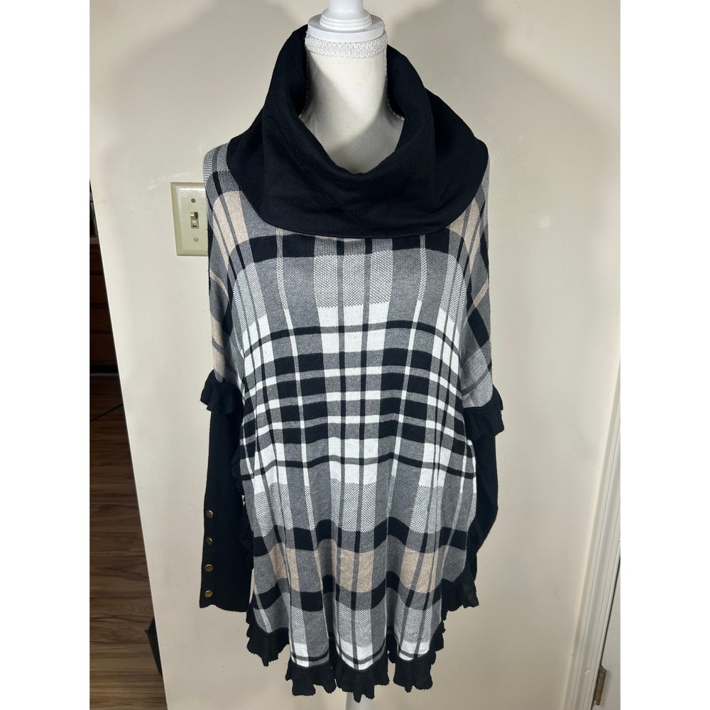 Joseph A Plaid Poncho Top Women S Black Gray Cowl Neck Ruffle Knit Sweater Chic